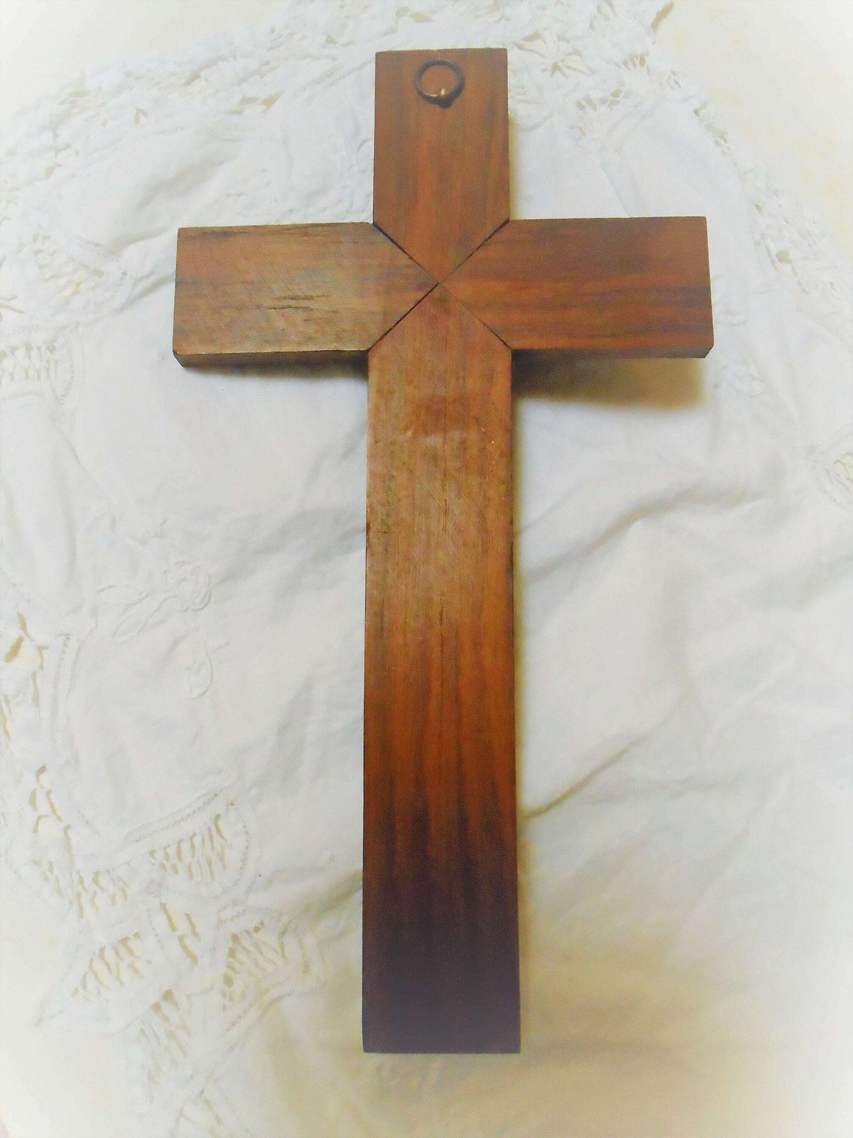 photo for sale Antique French Art Deco Inlaid Wood Wall Crucifix With Bronze Corpus Of Christ