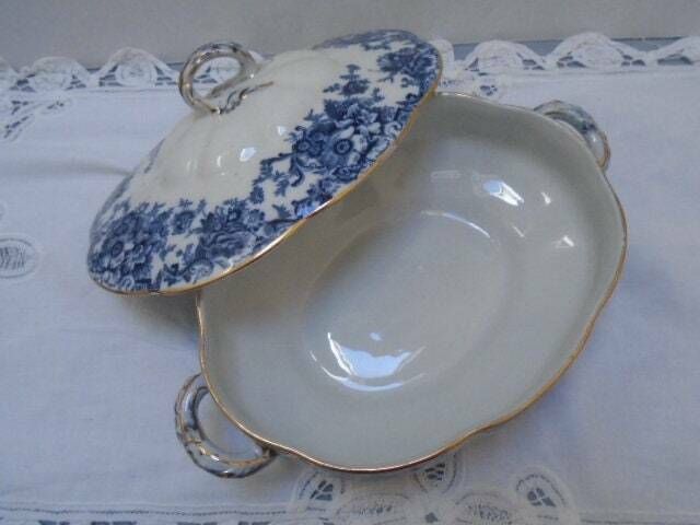Antique Adderley English White And Blue Floral Ironstone Tureen, Oval Lidded Serving Dish, Eton Indigo Blue photo vintage
