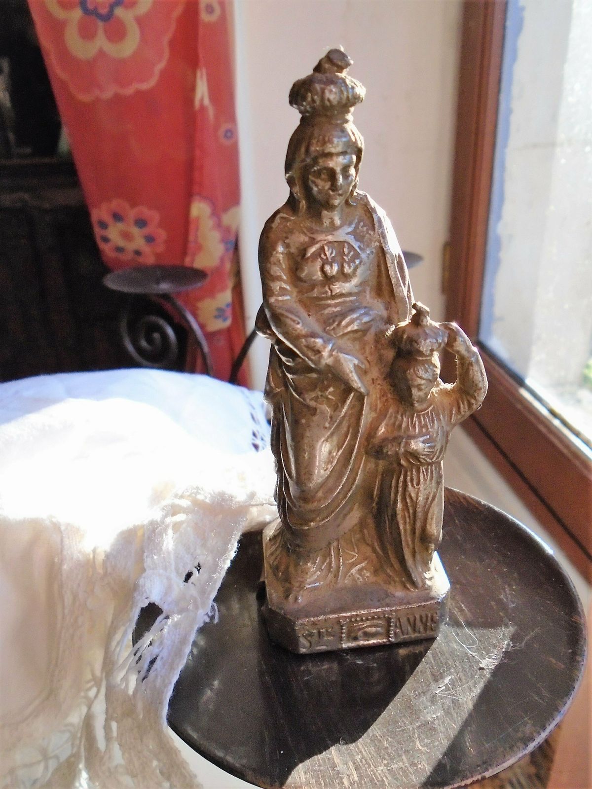 Antique French Bronze Cast St. Anne Statue, With The Child Jesus, St. Anne D'auray, Crowned Religious Figure photo 81.0