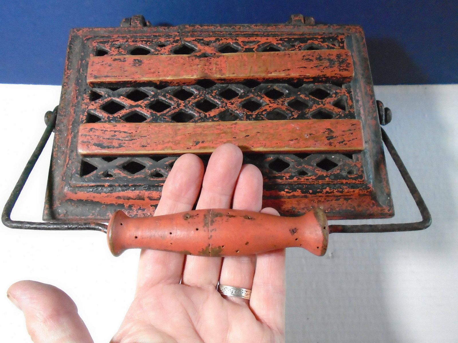 Antique French Enameled Cast Iron Foot Warmer, Kitchen Trivet, Fireplace Decor, Rustic Planter photo for sale