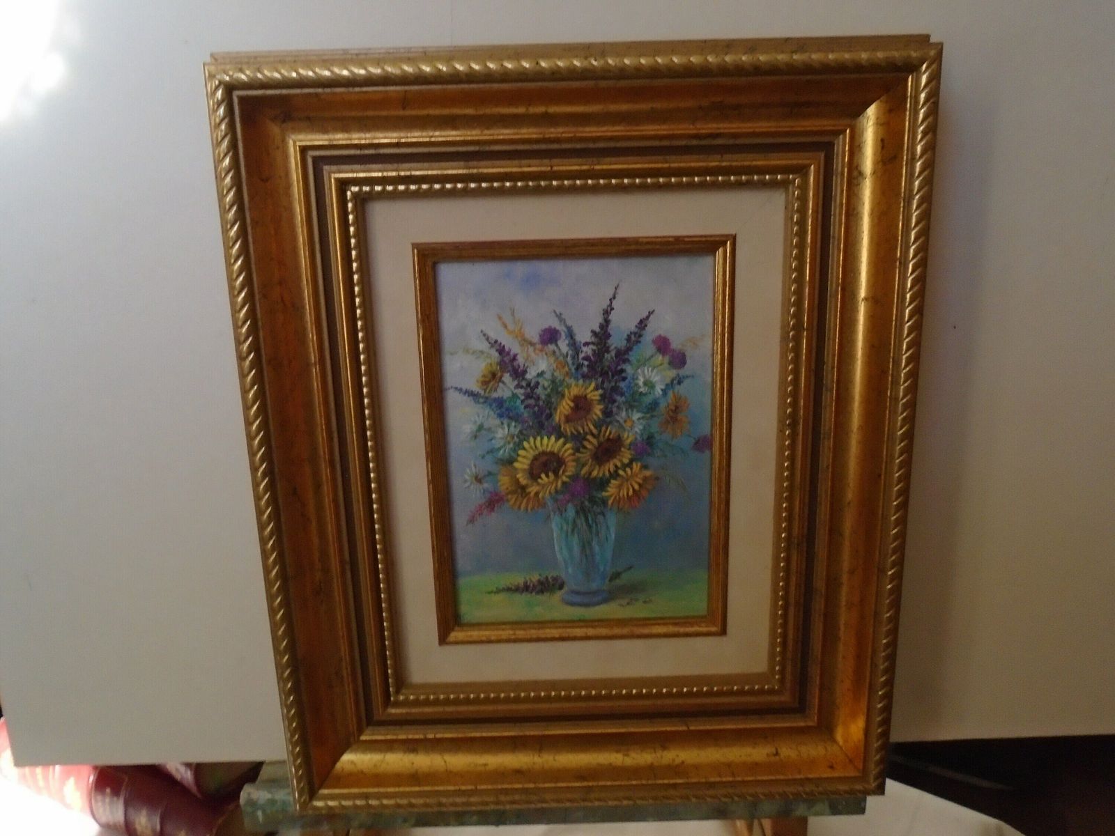 Beautiful Vintage Original Oil Painting , Signed M. Schwab, Artist, Framed, On Canvas, Sunflowers And Purple Spires photo furniture