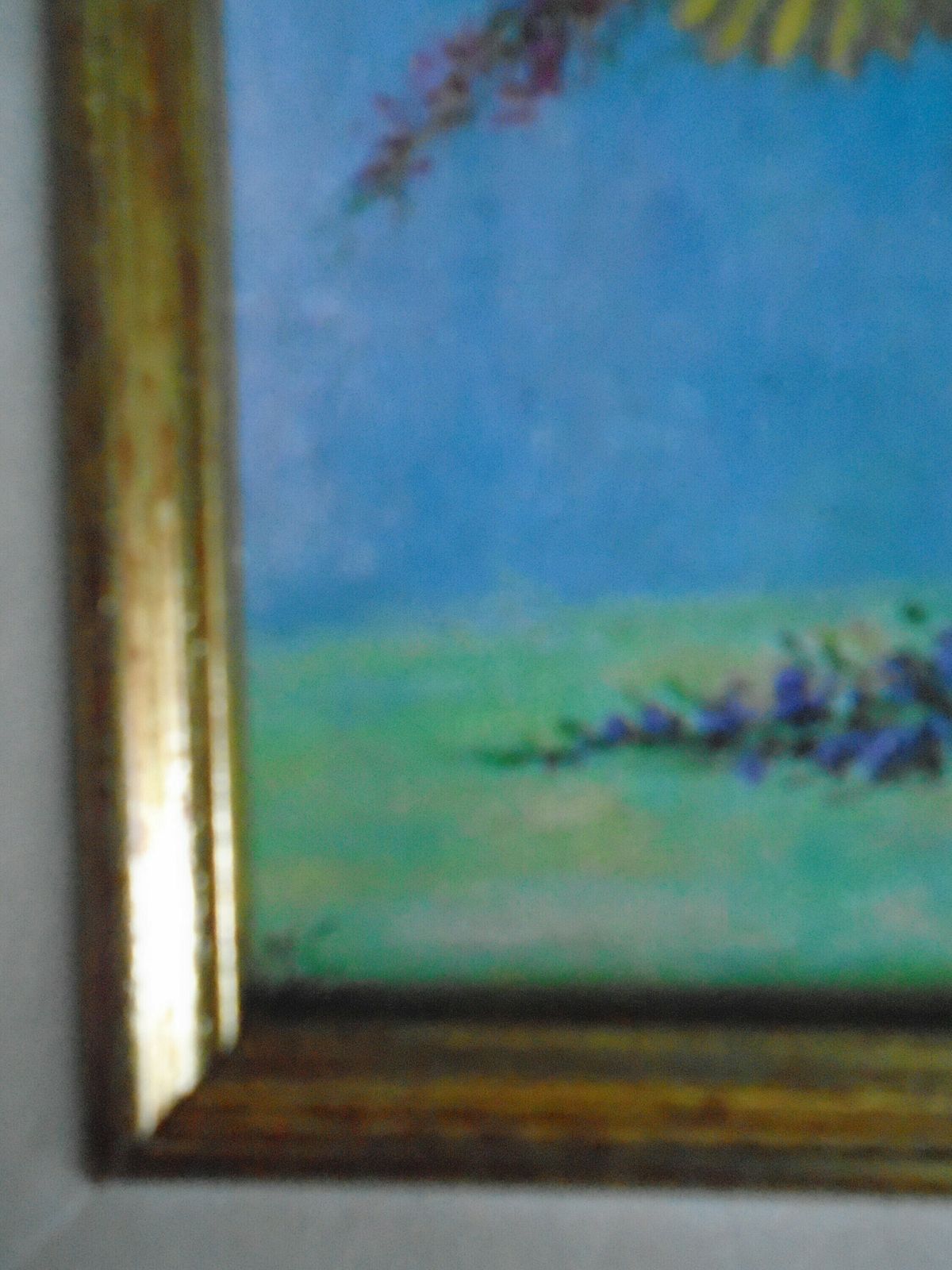Beautiful Vintage Original Oil Painting , Signed M. Schwab, Artist, Framed, On Canvas, Sunflowers And Purple Spires photo vintage