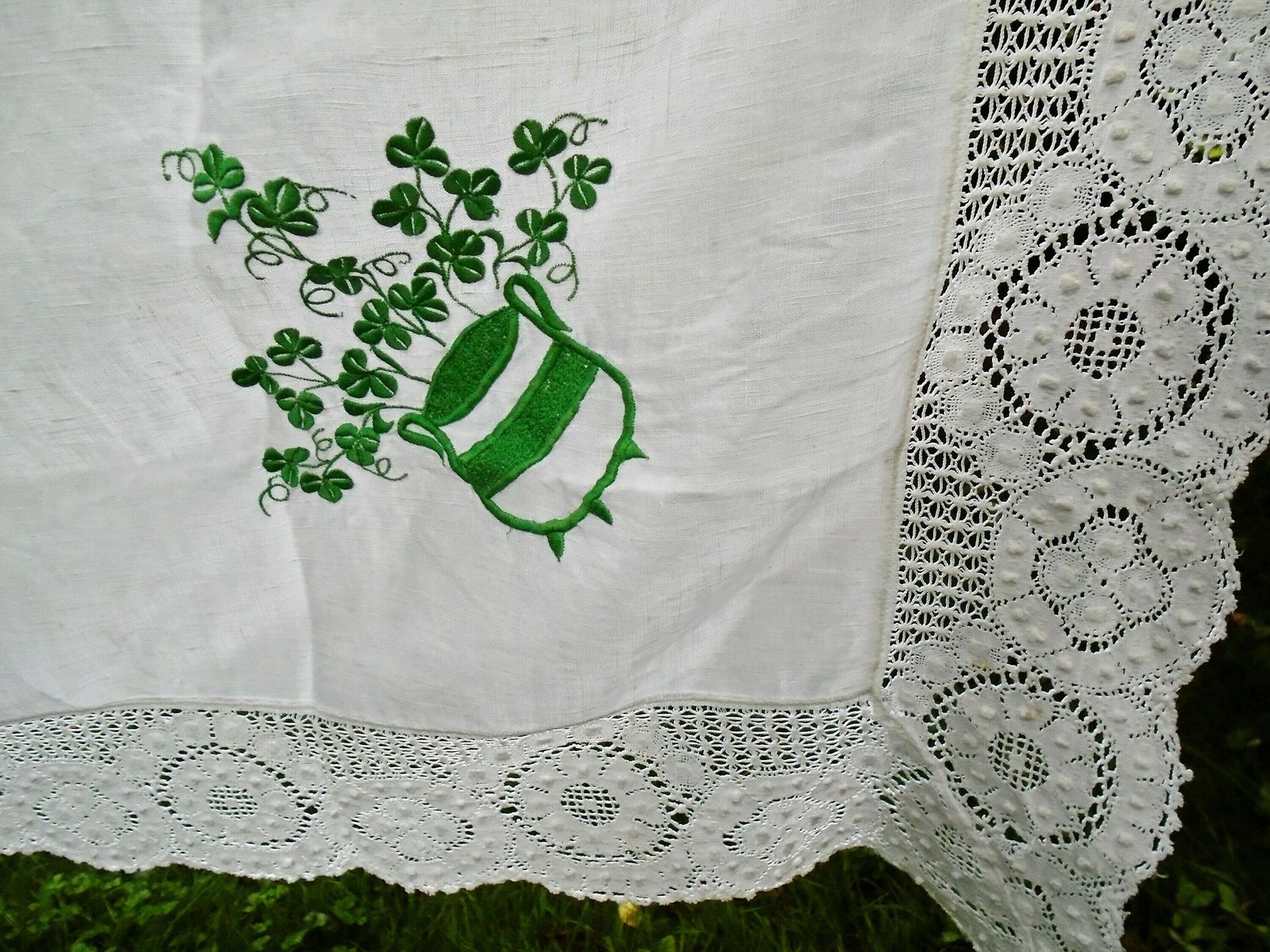 Vintage French White Linen And Lace Fireplace Mantle Dresser, Cantonniere, Table Runner With Green Embroidered Clover photo furniture