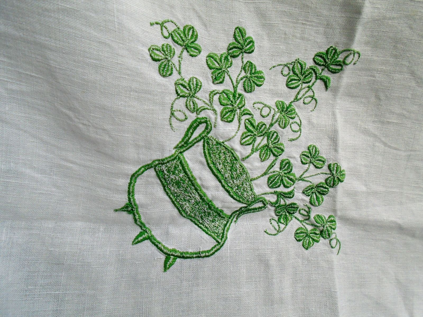Vintage French White Linen And Lace Fireplace Mantle Dresser, Cantonniere, Table Runner With Green Embroidered Clover photo for sale