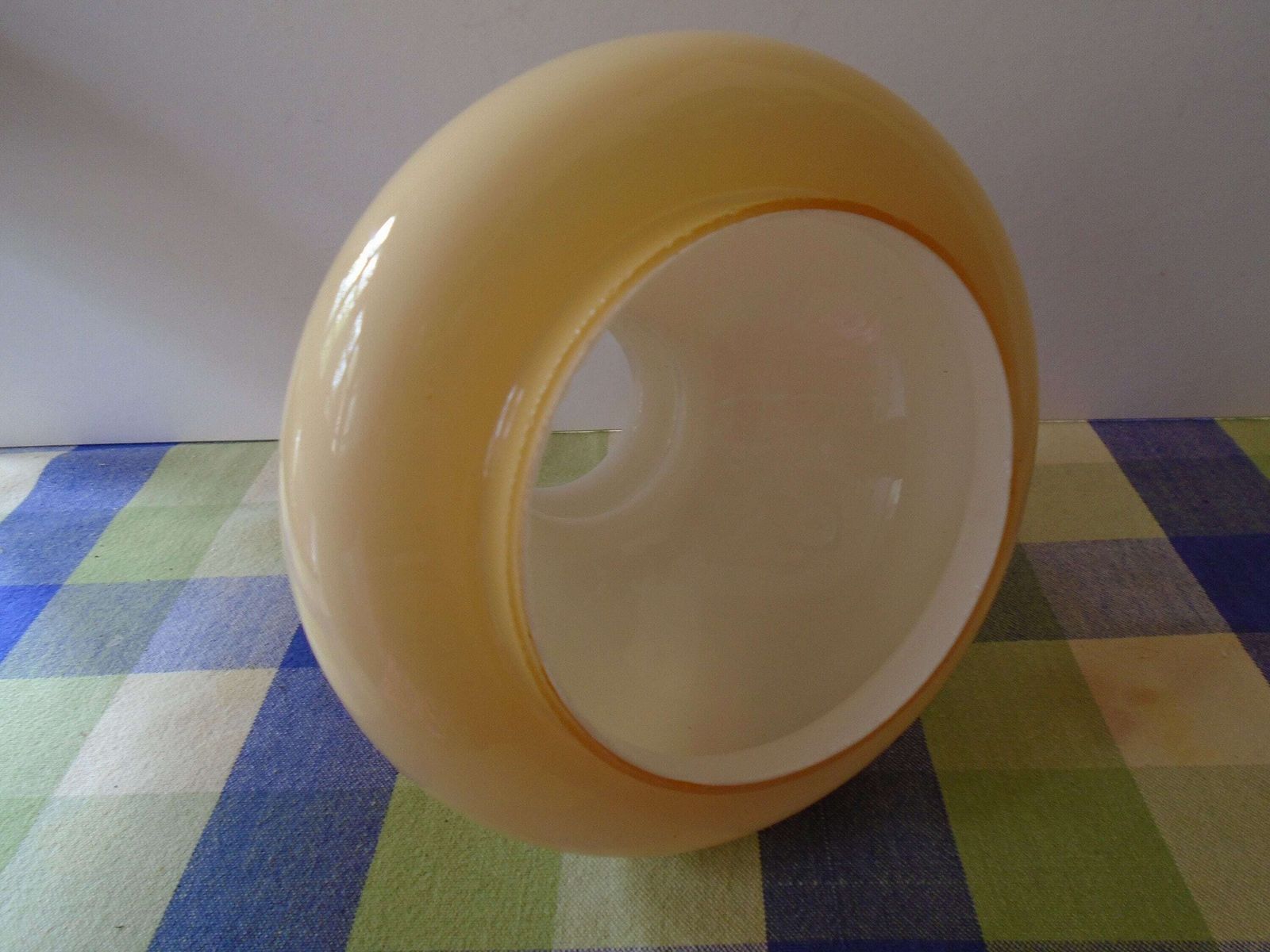 photo furniture Vintage French Mid Century Opaque Glass Pale Yellow Gold Lamp Shade