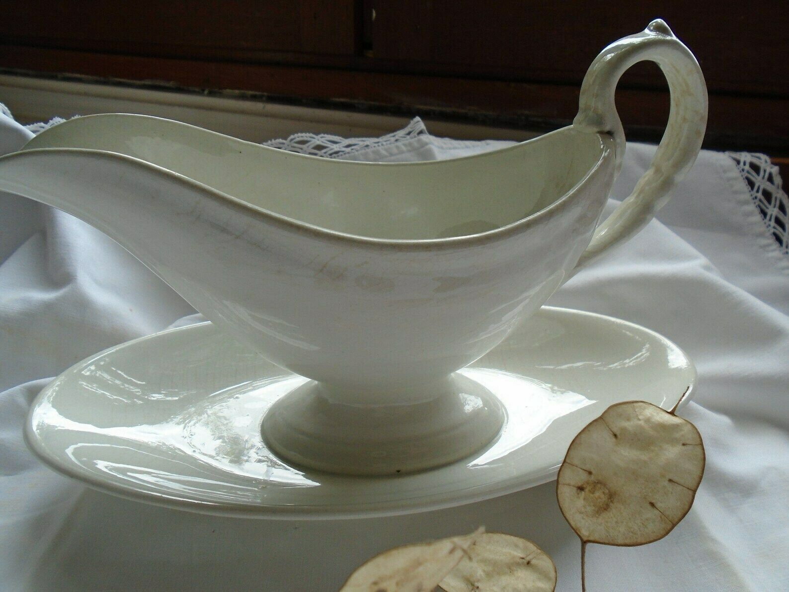 Beautiful Antique French Ironstone Choisy Le Roi Sauciere / Sauce Boat, Glazed Cream, Saucer Attached