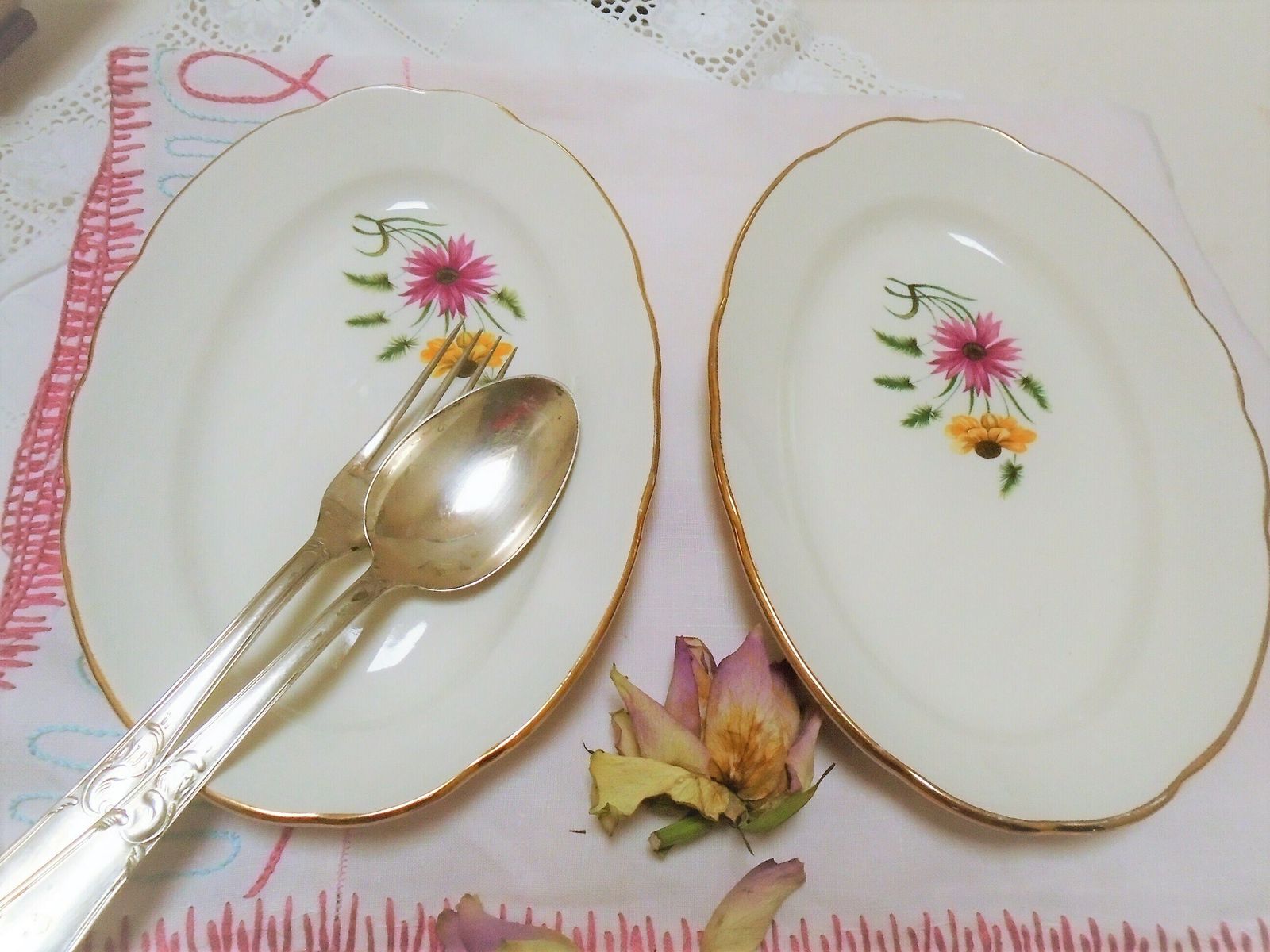 2 Antique French Oval Serving Dishes, French Ravier Set, Floral Oval Serving Pair, Gien Feu D'artifice photo Home Decor
