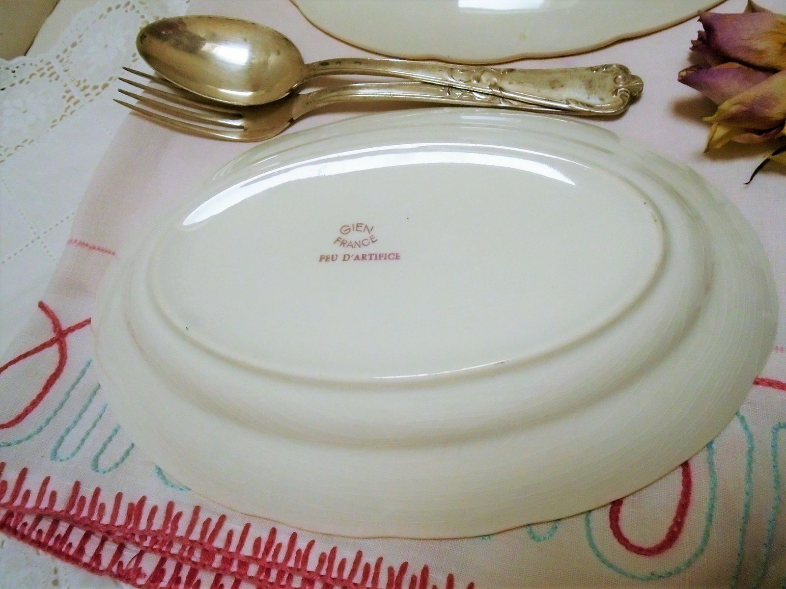 2 Antique French Oval Serving Dishes, French Ravier Set, Floral Oval Serving Pair, Gien Feu D'artifice photo buy