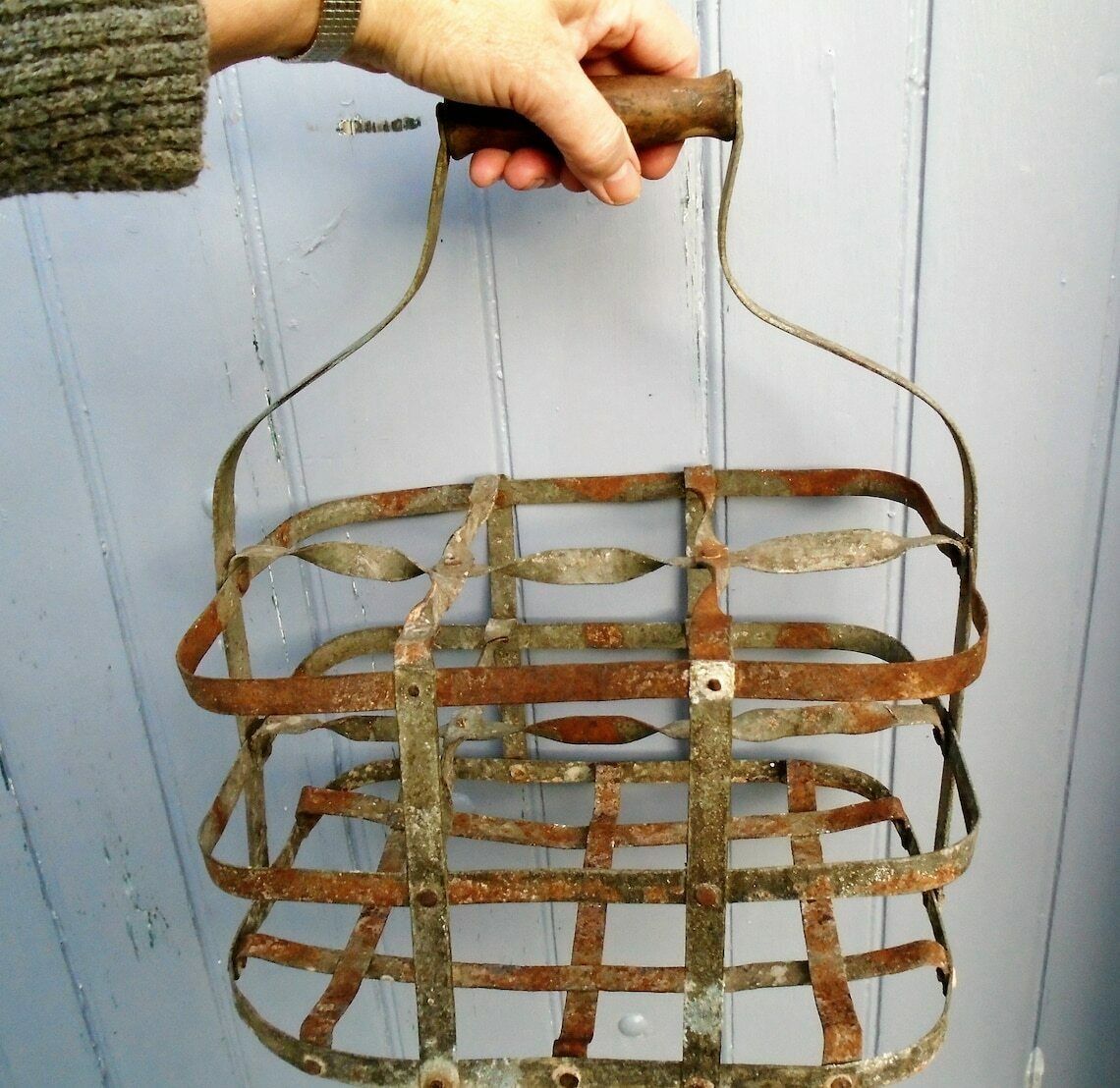 Antique French Galvanized Zinc 6 Bottle Carrier, Tall Metal Bottle Carrying Rack, Rustic Kitchen Rack, Industrial Kitchen photo Home Decor