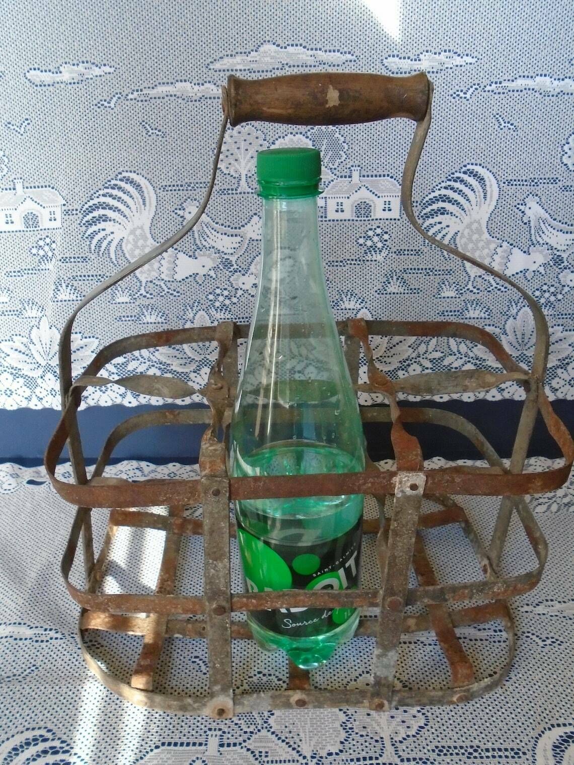 photo furniture Antique French Galvanized Zinc 6 Bottle Carrier, Tall Metal Bottle Carrying Rack, Rustic Kitchen Rack, Industrial Kitchen