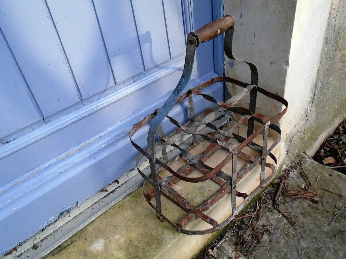 photo for sale Antique French Galvanized Zinc 6 Bottle Carrier, Tall Metal Bottle Carrying Rack, Rustic Kitchen Rack, Industrial Kitchen