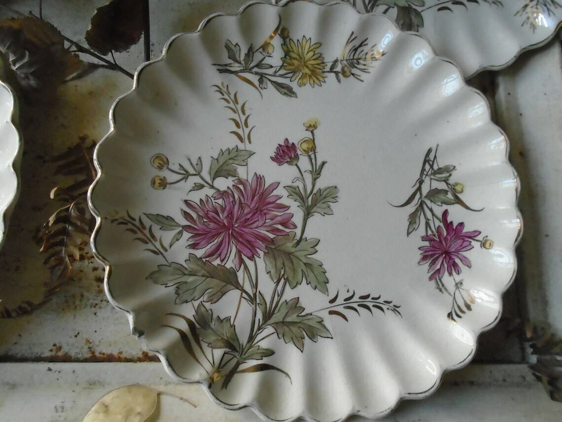 4 Antique French Hand Painted Floral Plates, Gilded, Chrysanthemum Floral Design photo for sale