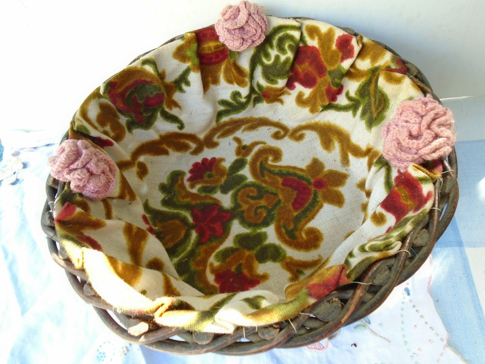Vintage French Wood Woven Basket, 1940s, Lined With Fabulous Fabric And Crochet Wool Flowers photo vintage