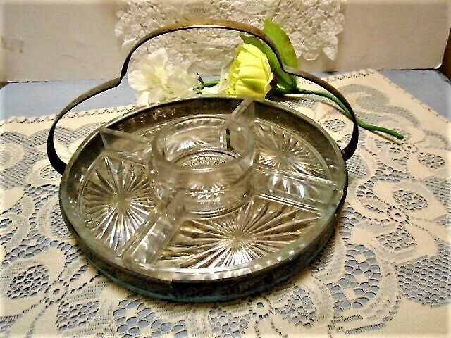 photo for sale Antique French Art Deco Aperitif Snack Tray, 5 Glass Serving Dishes, Olive And Nut Server