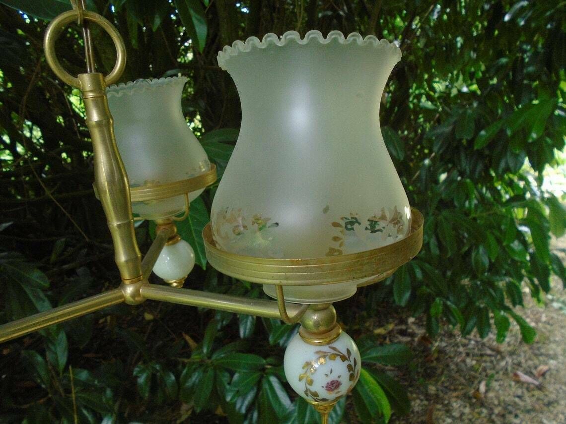 Vintage French Ceiling Light Fitting, Made Of Brass, Porcelain And Glass, 1950s photo furniture