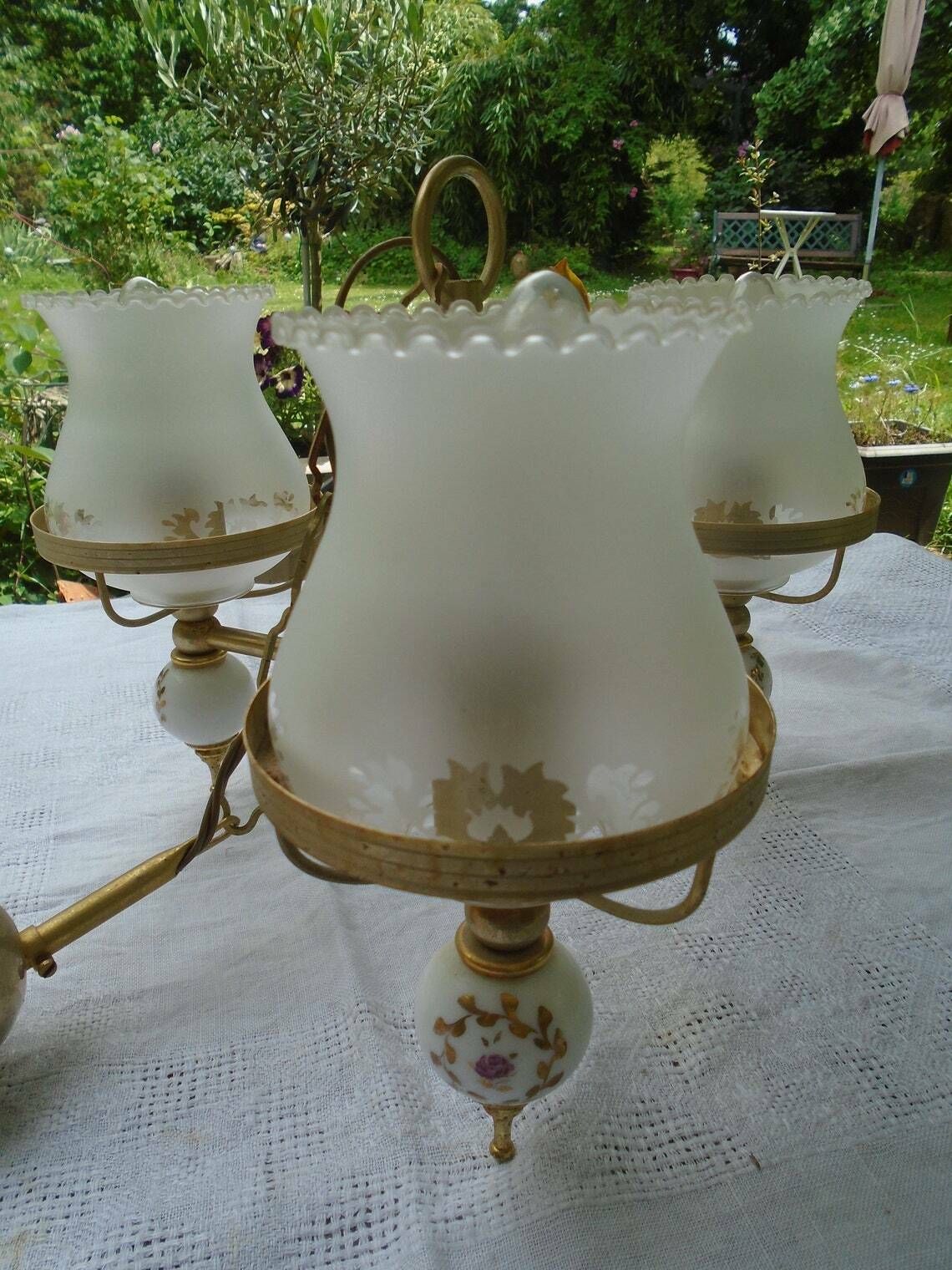 Vintage French Ceiling Light Fitting, Made Of Brass, Porcelain And Glass, 1950s photo for sale