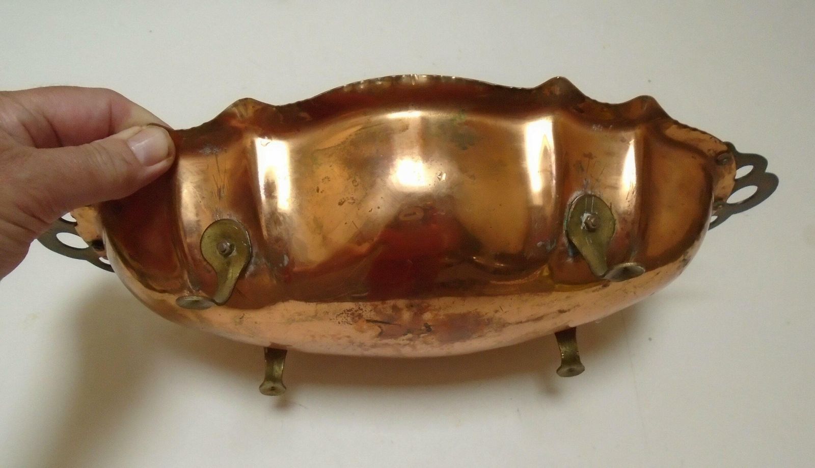 photo furniture Antique French Copper Rustic Footed Jardiniere Planter, Rustic Copper Fruit And Nut Bowl, Farmhouse Copper Decor