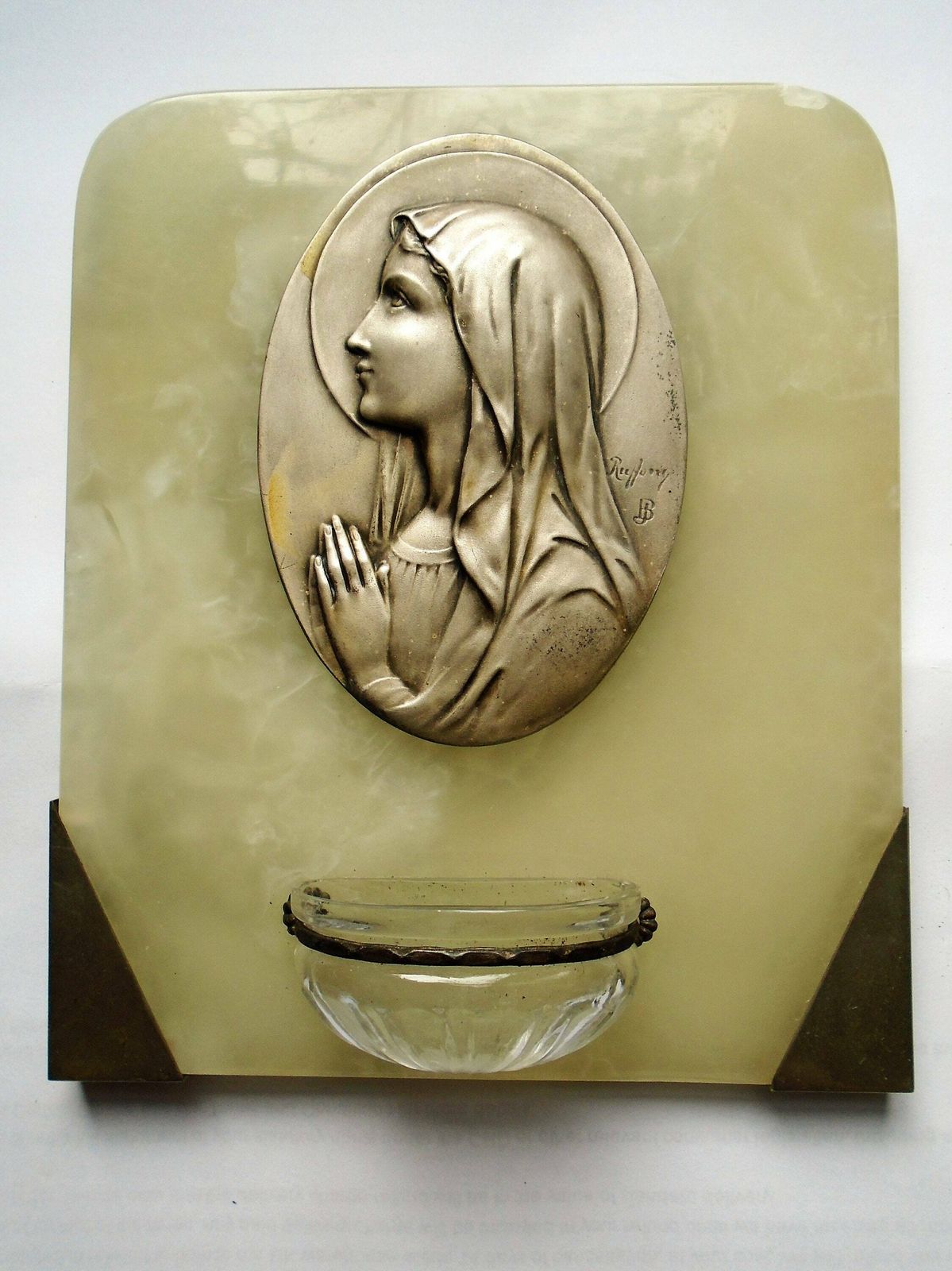 Antique Large French Art Deco Marble Benitier / Holy Water Font, Virgin Mary, Signed By Artist, Glass Font, Ruffony