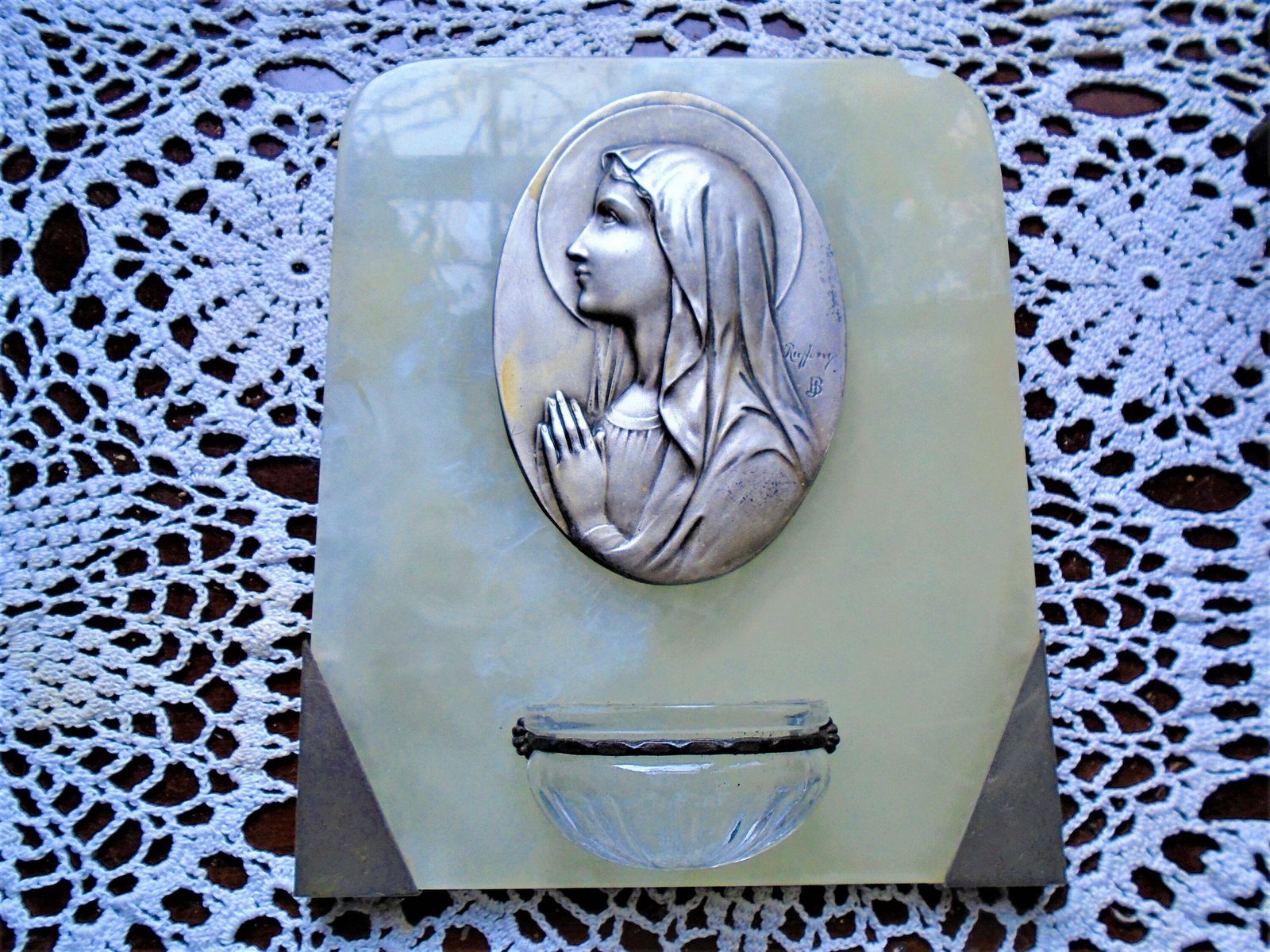 Antique Large French Art Deco Marble Benitier / Holy Water Font, Virgin Mary, Signed By Artist, Glass Font, Ruffony photo 142.0