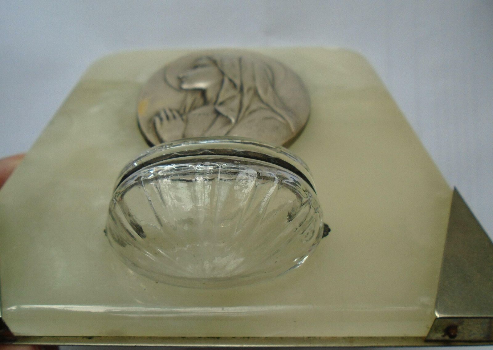 Antique Large French Art Deco Marble Benitier / Holy Water Font, Virgin Mary, Signed By Artist, Glass Font, Ruffony photo vinterior