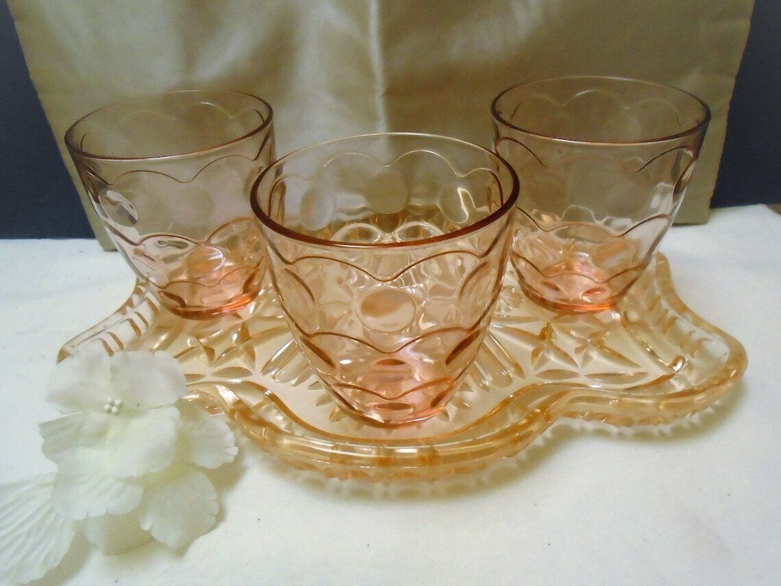 photo for sale French Art Deco Pressed Glass Tray With 3 Glasses, Peach Salmon Depression Glass Barware Set, Dressing Table Water Glasses