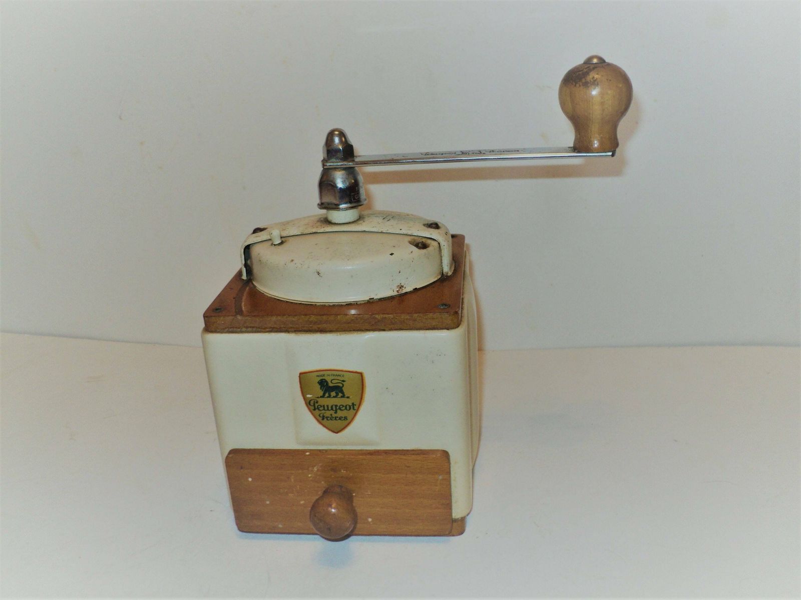 Antique French Peugot Freres Mechanical Coffee Grinder, Cream Metal Lid And Sides, Hand Made Wood Case With Drawer