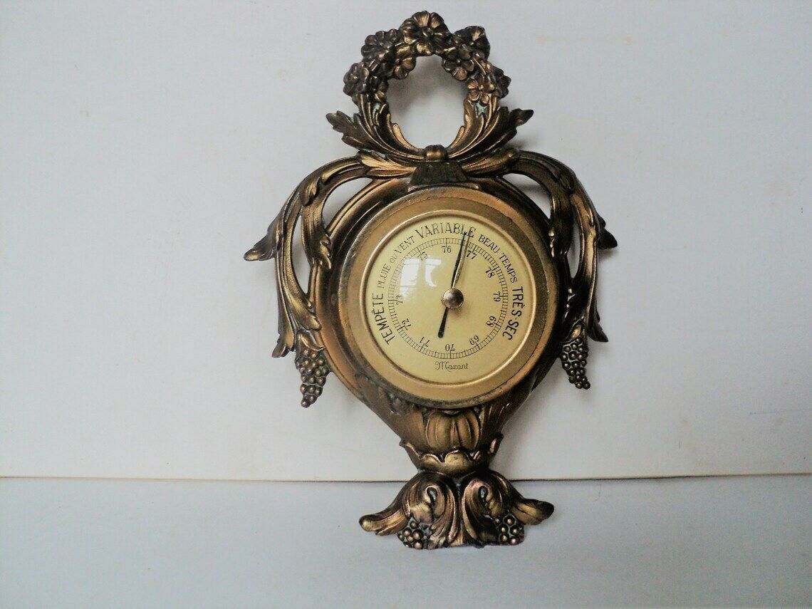 photo for sale Antique French Maxant, Paris, Bronze Barometer, Hollywood Regency / Rococo Style Temperature Gauge, Art Nouveau Decor, Louis Maxant