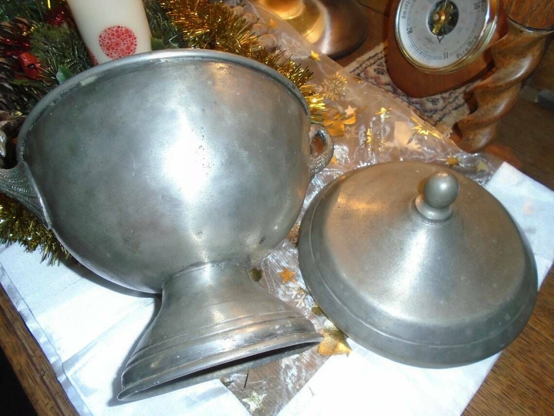 Antique French Pewter Soup Tureen Or Serving Dish, Lidded, Circa 1920s, Art Deco, Bird Handles photo Home Decor
