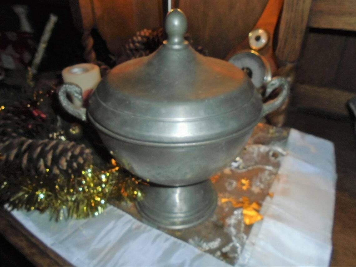 photo for sale Antique French Pewter Soup Tureen Or Serving Dish, Lidded, Circa 1920s, Art Deco, Bird Handles