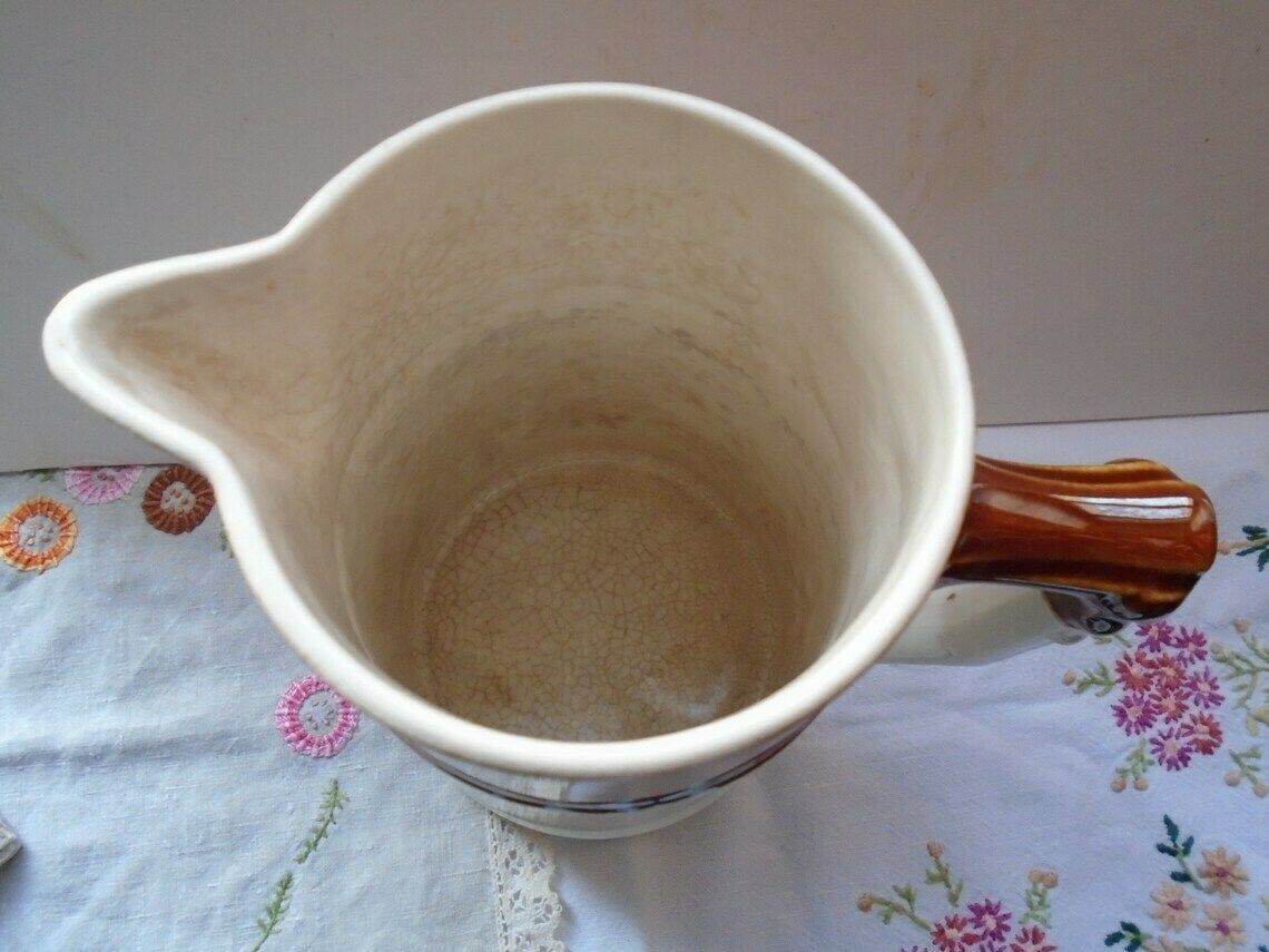 Antique French Tall Cream And Brown Ceramic Pitcher, Water Jug, Flower Vase, Ironstone Pitcher photo Home Decor