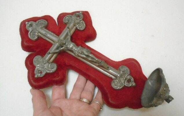 Antique French Benitier With Silver Tone Crucifix On Timeworn Red Velvet