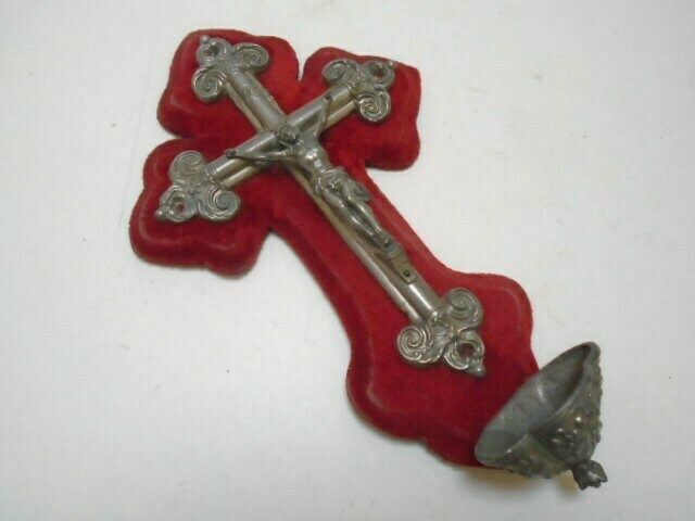 Antique French Benitier With Silver Tone Crucifix On Timeworn Red Velvet photo furniture