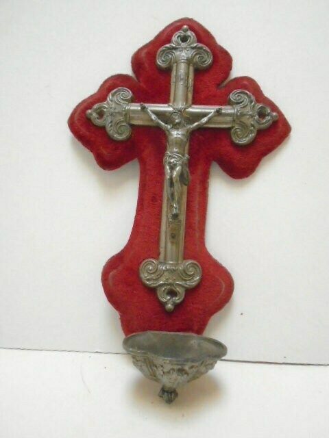 Antique French Benitier With Silver Tone Crucifix On Timeworn Red Velvet photo 131.0