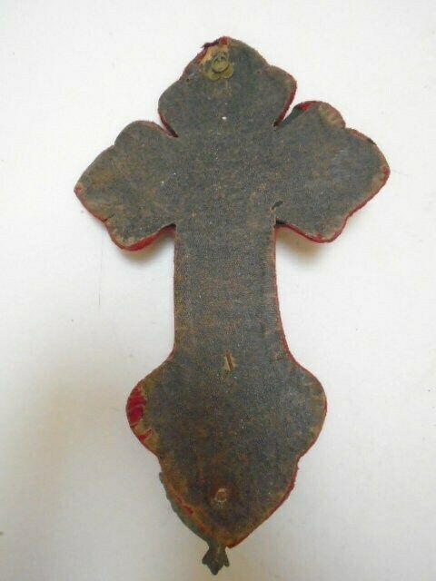 Antique French Benitier With Silver Tone Crucifix On Timeworn Red Velvet photo vinterior