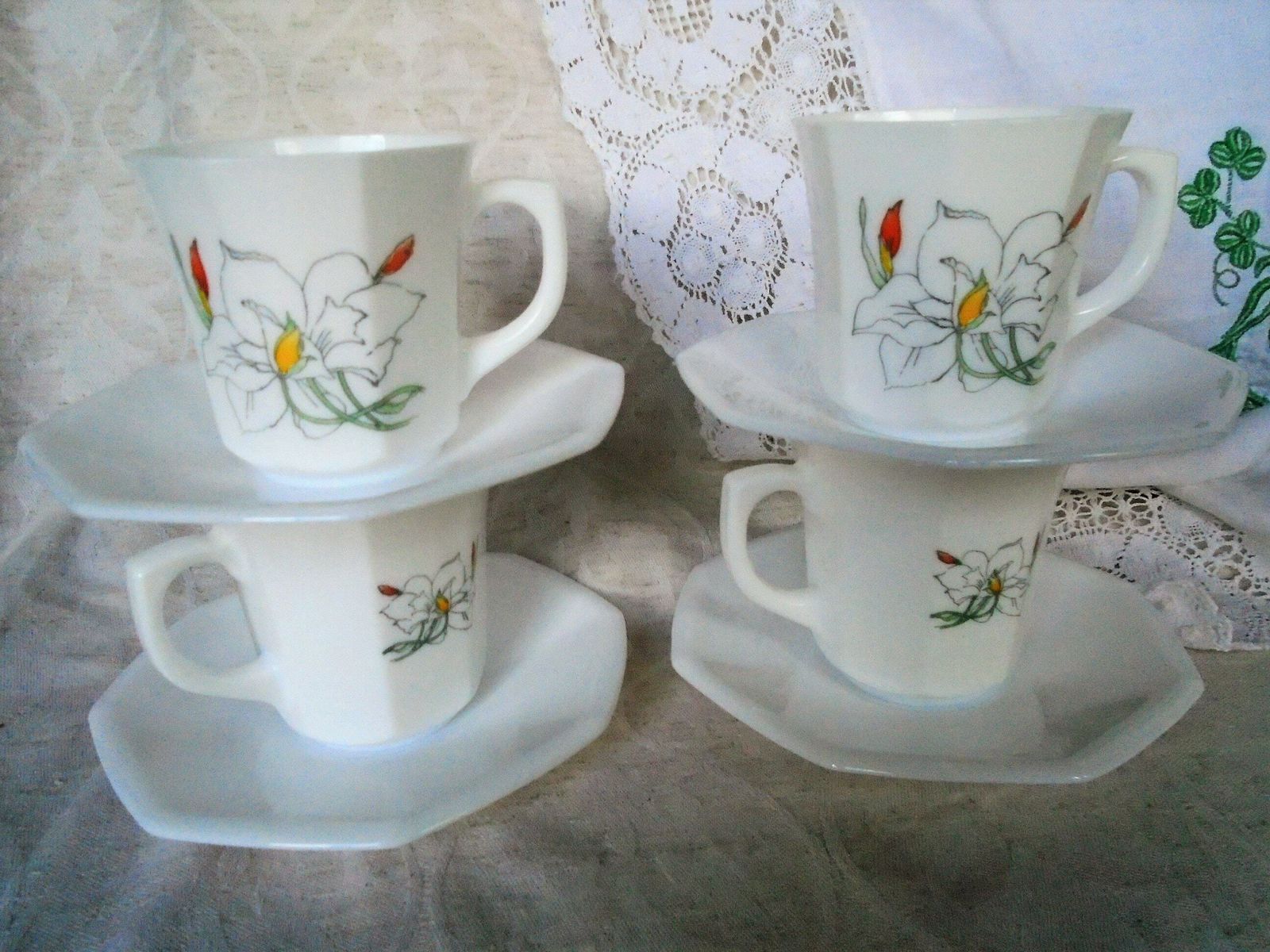 Vintage French Arcopal Teacups And Saucers, Set Of 4, Daffodil Design, 1960s photo furniture