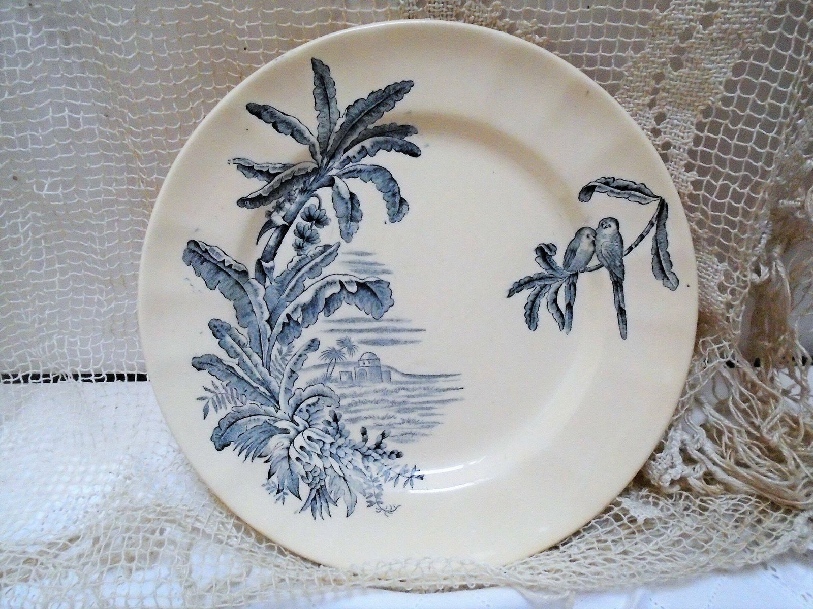 Rare Antique Cream French Ironstone Plate, Longchamp, 'Exotique', Banana Palms With Parrots, Blue Gray Transferware