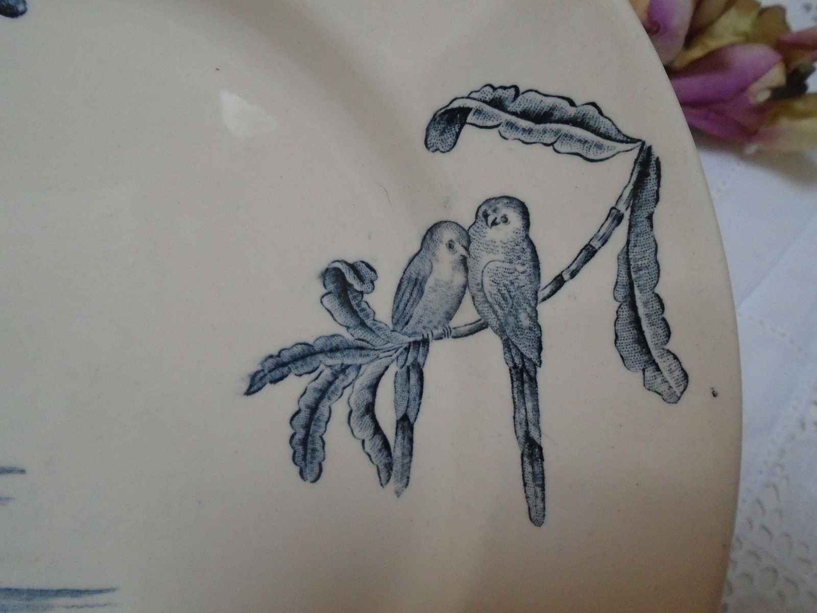 Rare Antique Cream French Ironstone Plate, Longchamp, 'Exotique', Banana Palms With Parrots, Blue Gray Transferware photo furniture