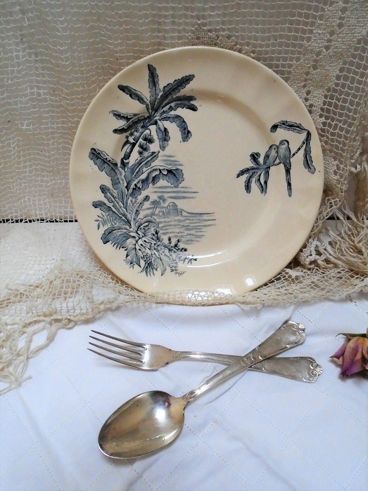 Rare Antique Cream French Ironstone Plate, Longchamp, 'Exotique', Banana Palms With Parrots, Blue Gray Transferware photo 51.0