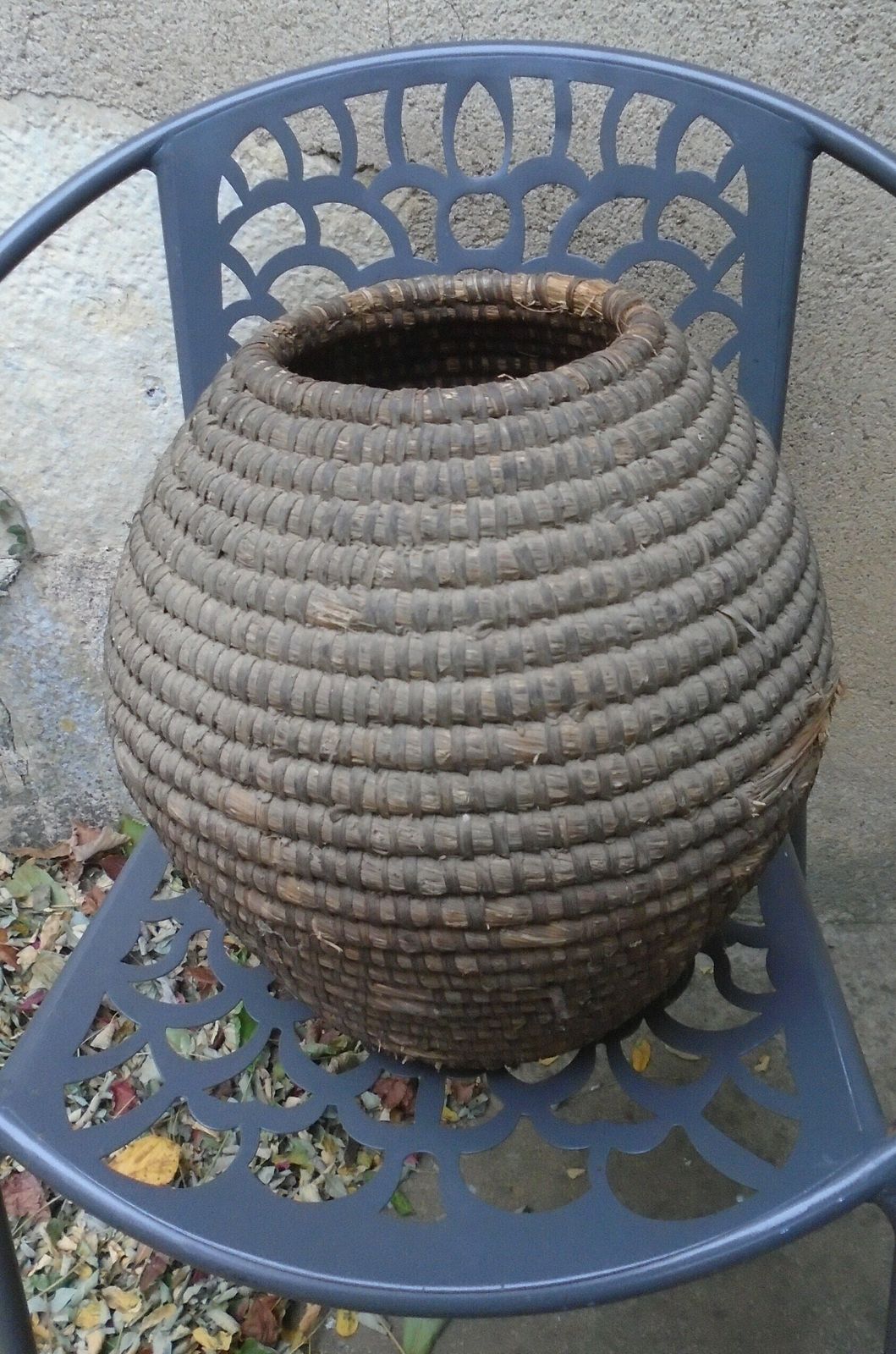 Antique French Rye Coiled Basket, Large Bourgne Woven Rye Grass, Wicker Decor photo vintage