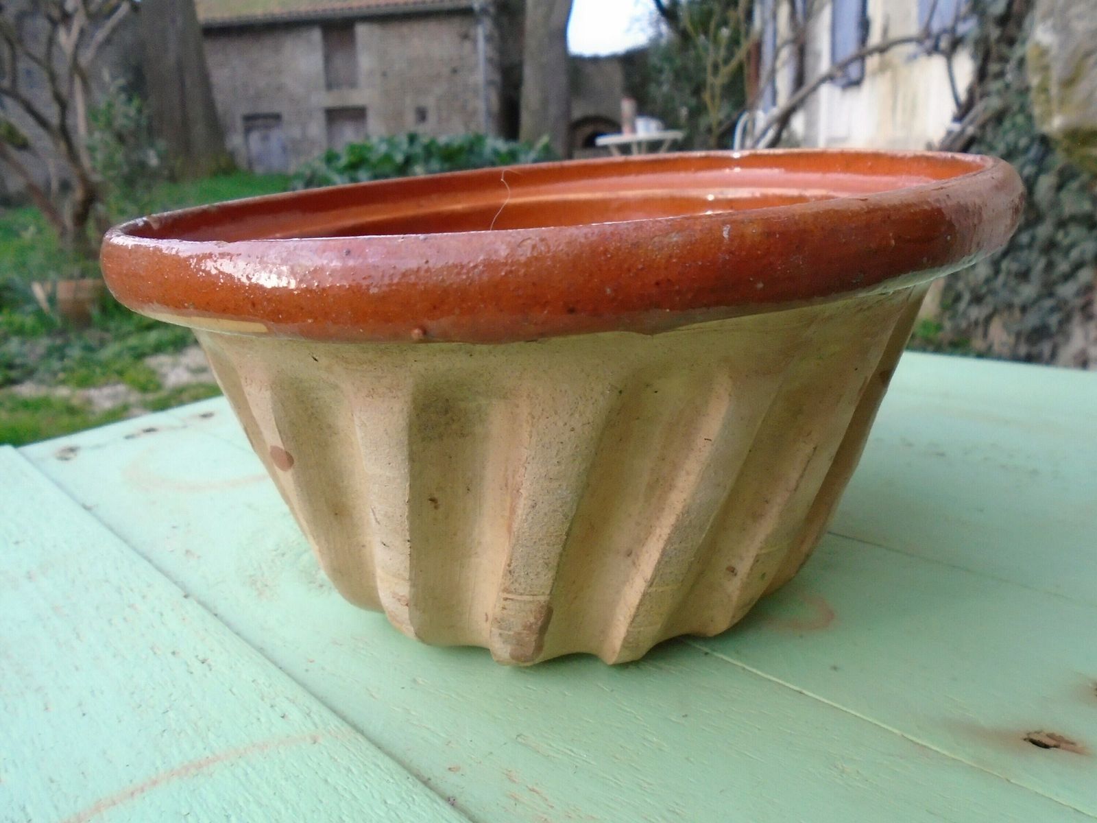 photo furniture Vintage French Primitive Terracotta Kouglof Mold / Brioche / Cake Mold / Bundt Pan Circa 1950