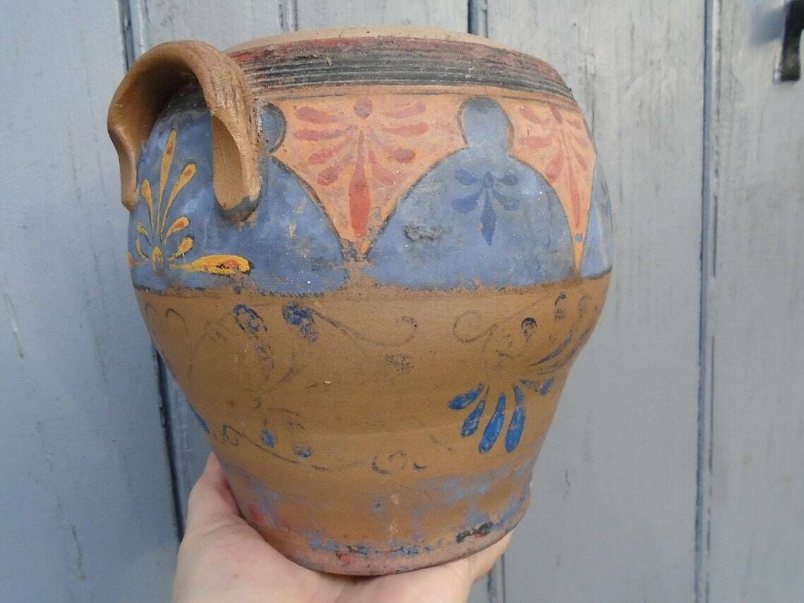 Rare Antique French Hand Painted Stone Jar, Rillettes Jar, Cooking Utensil Holder, Flower Pot, Rustic Farmhouse Jar