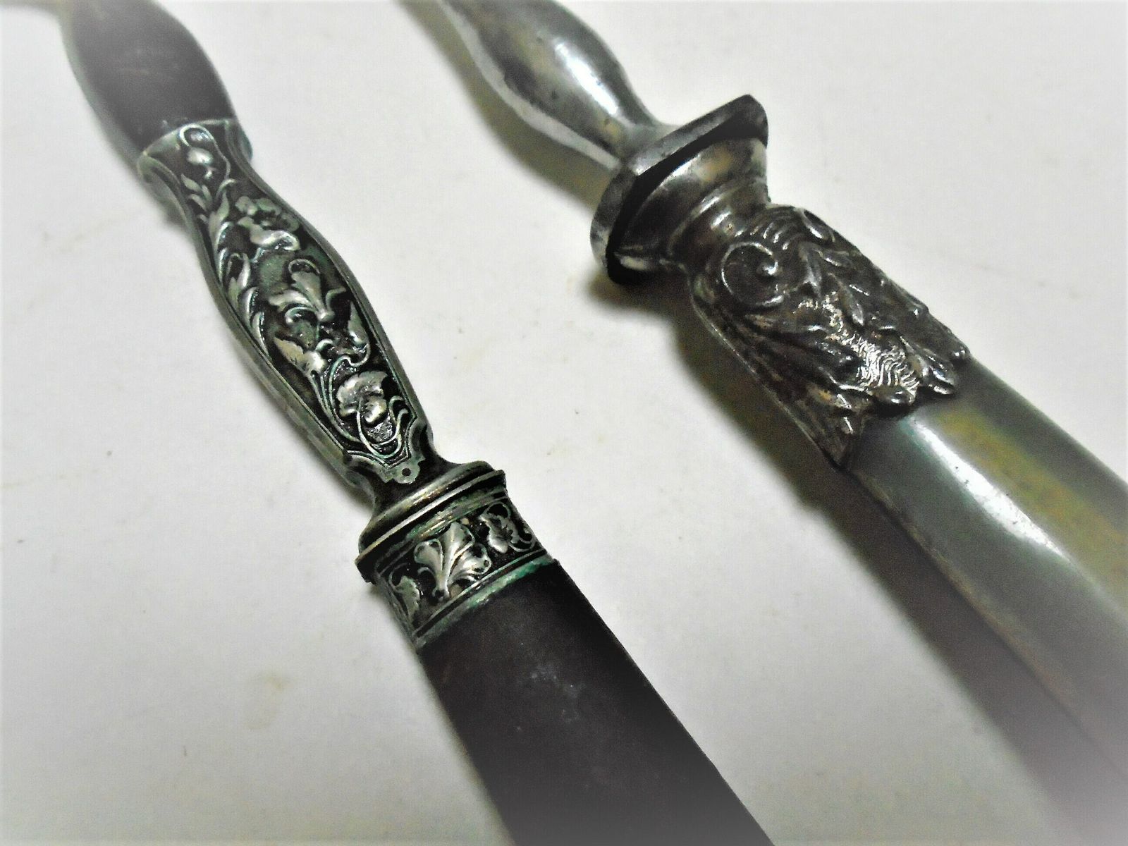 Antique French Serving Spoon And Fork, C.1920s, Salad Servers, Rococo Polished Horn And Silver Plated Metal, Serving Fork And Spoon photo for sale
