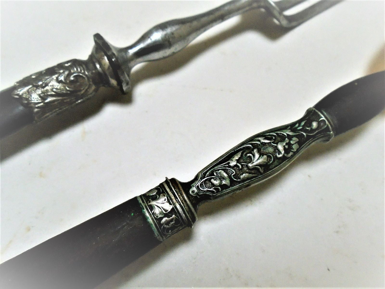 Antique French Serving Spoon And Fork, C.1920s, Salad Servers, Rococo Polished Horn And Silver Plated Metal, Serving Fork And Spoon photo Home Decor