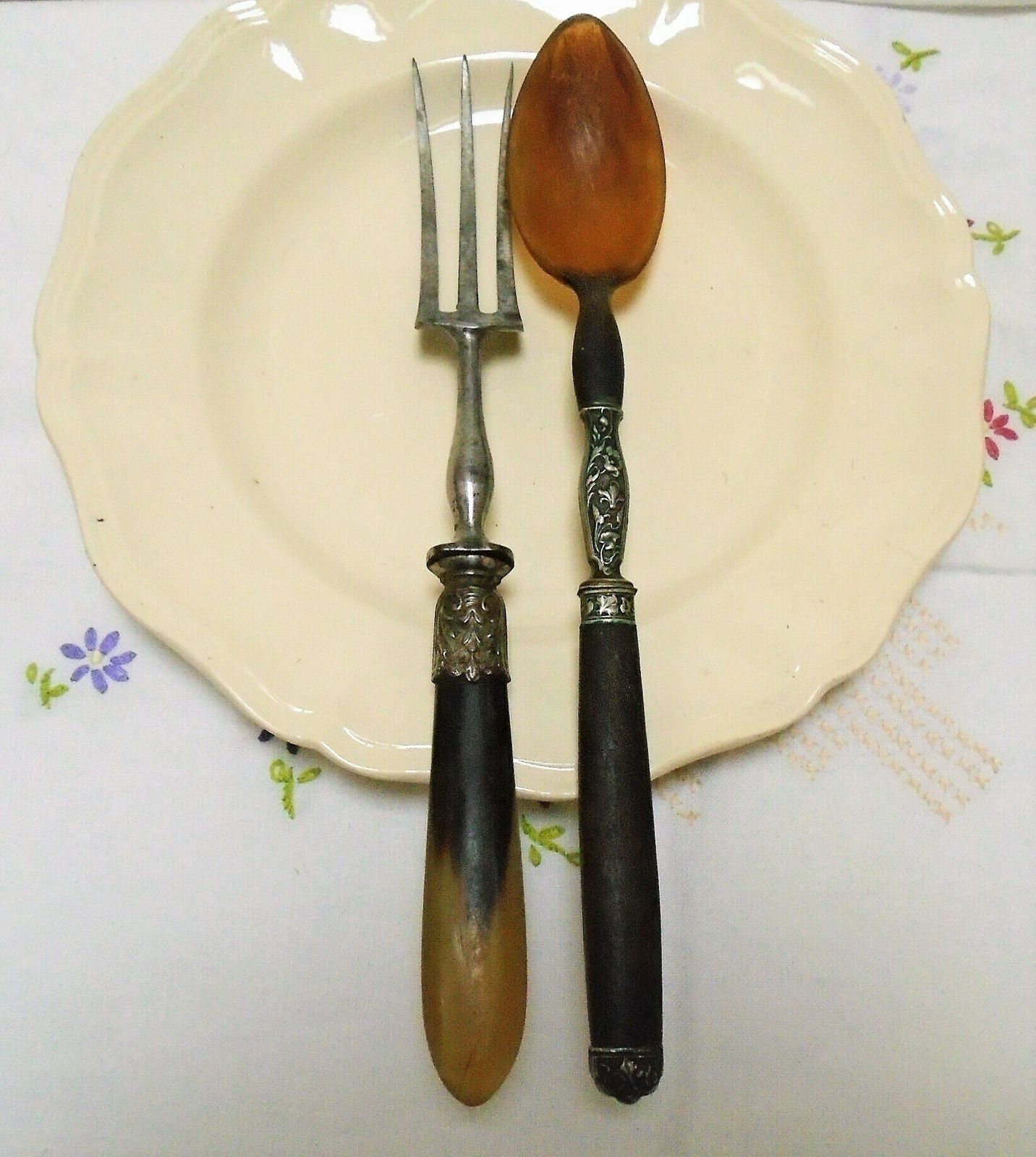 photo for sale Antique French Serving Spoon And Fork, C.1920s, Salad Servers, Rococo Polished Horn And Silver Plated Metal, Serving Fork And Spoon