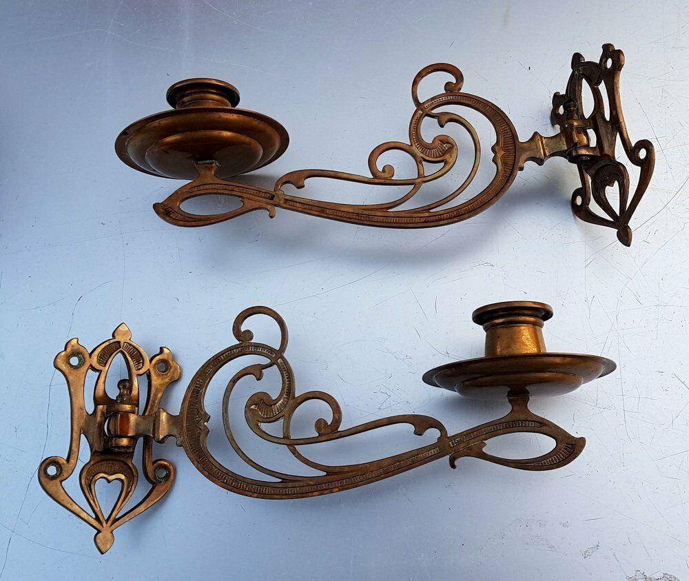 Art Nouveau Brass Wall Candleholders, 1890s, Set Of 2