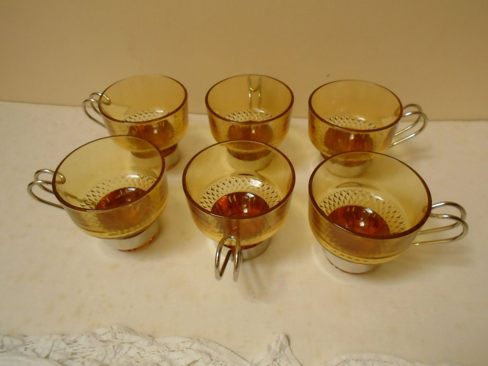 Six Amber Glass Espresso Cups With Metal Handles, Faceted Gold Glass Coffee Cups, Stackable Coffee Cups, Made In Italy photo furniture