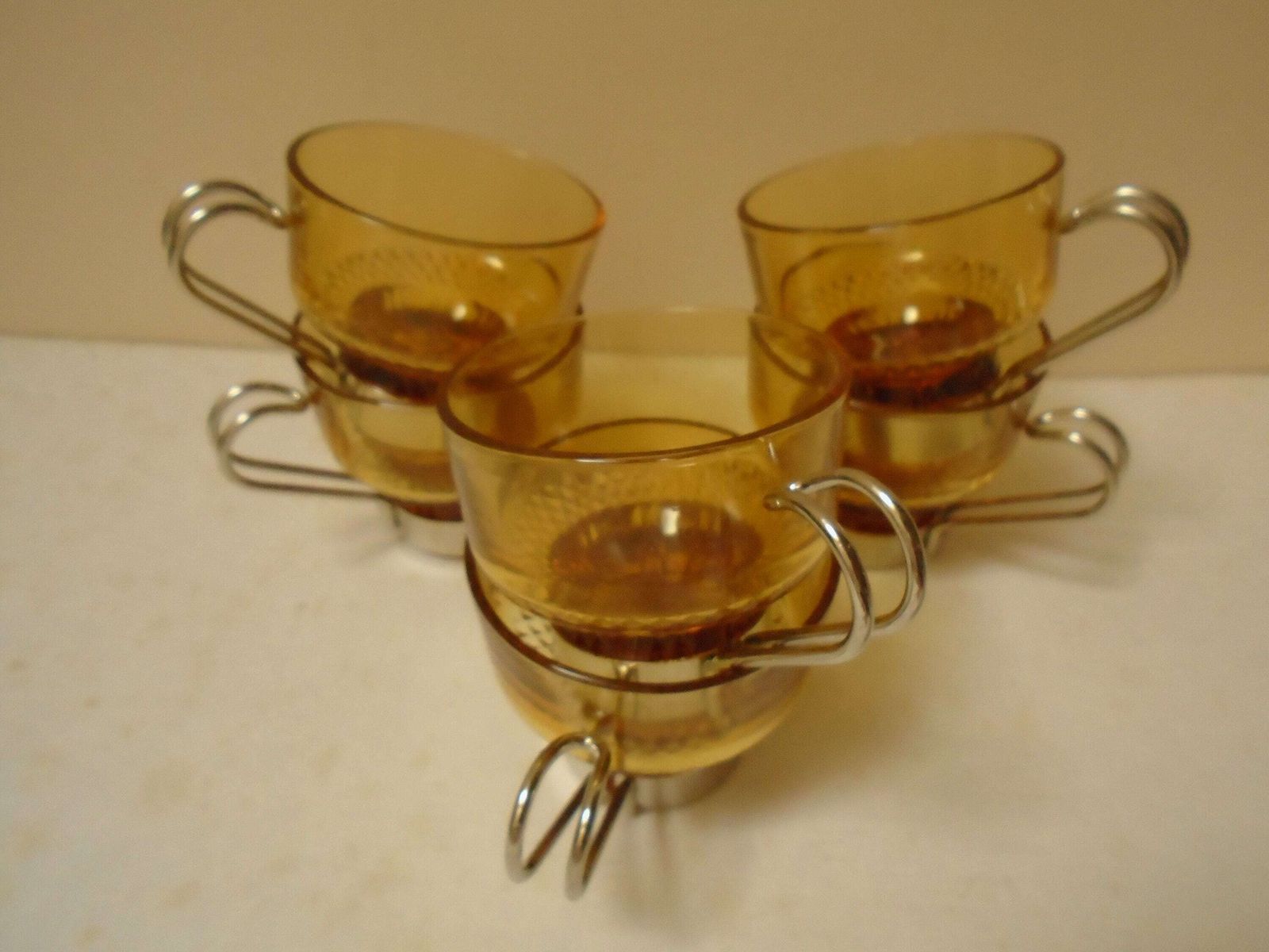 Six Amber Glass Espresso Cups With Metal Handles, Faceted Gold Glass Coffee Cups, Stackable Coffee Cups, Made In Italy photo vintage