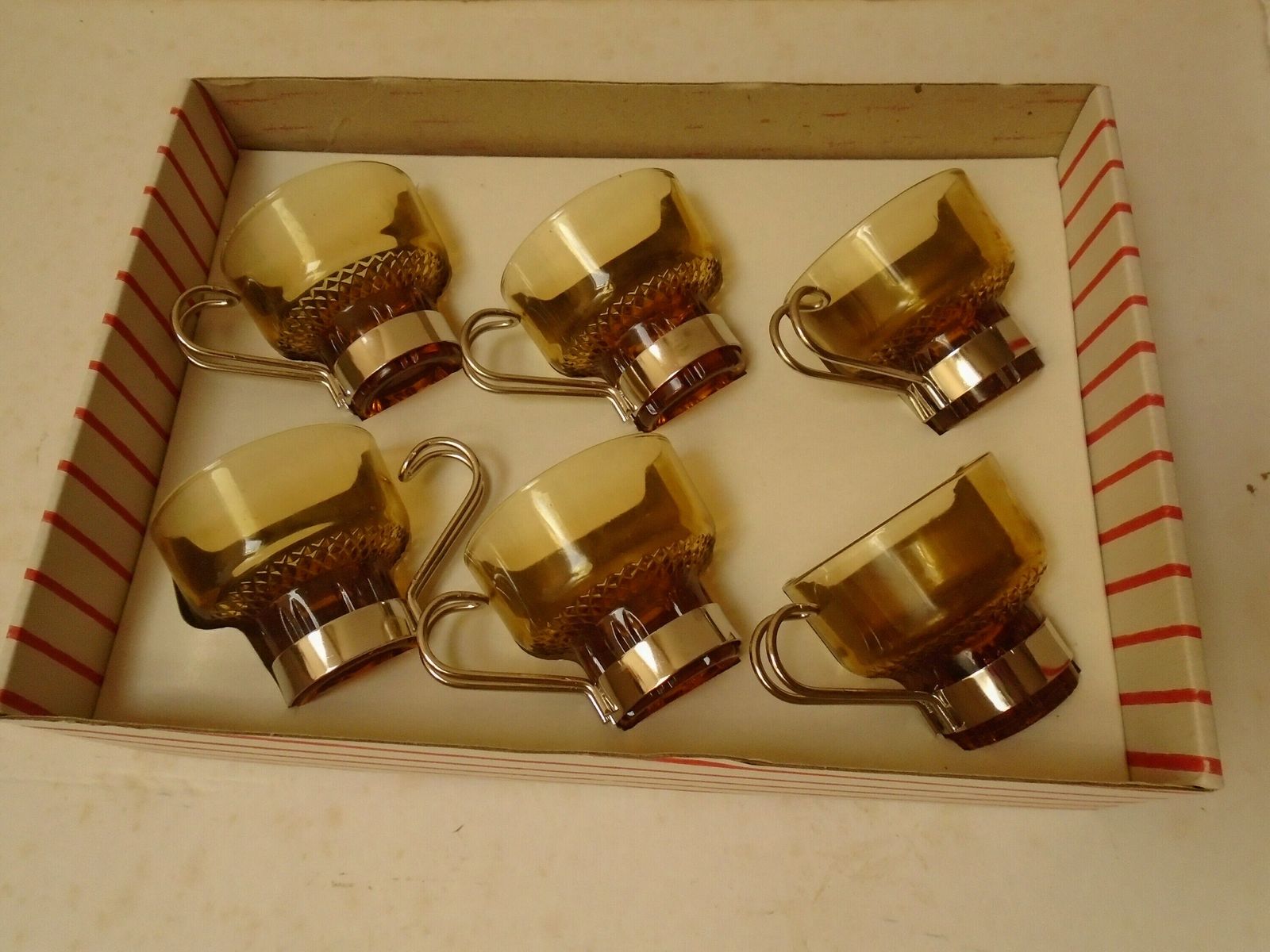 photo for sale Six Amber Glass Espresso Cups With Metal Handles, Faceted Gold Glass Coffee Cups, Stackable Coffee Cups, Made In Italy