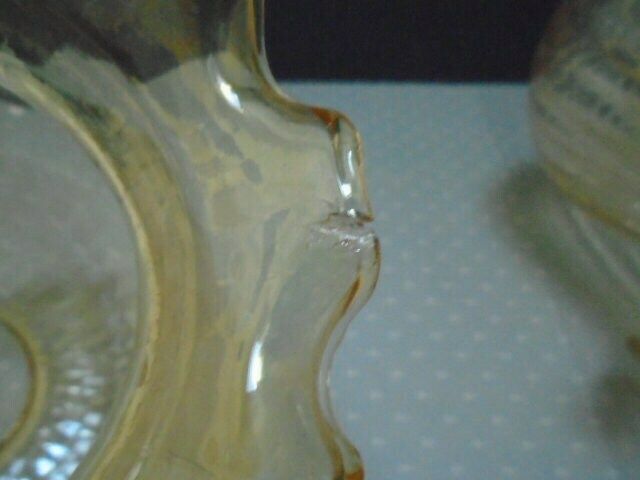 2 Vintage French Pale Gold Ribbed Glass Lamp Shades, Globe Glass Shades With Frilly Top Rim photo vinterior