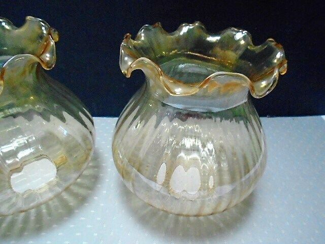 2 Vintage French Pale Gold Ribbed Glass Lamp Shades, Globe Glass Shades With Frilly Top Rim photo vintage